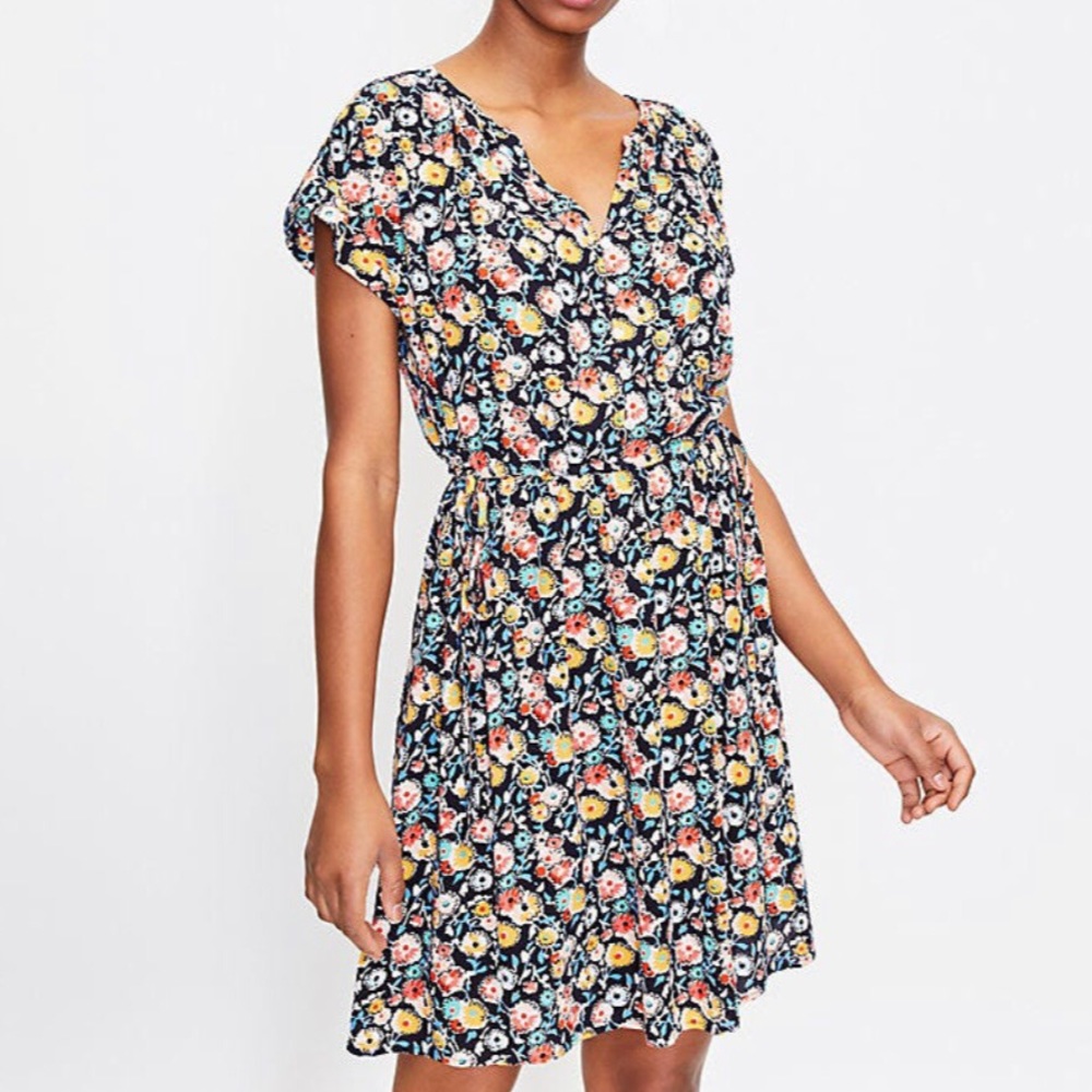 LOFT Floral Side-Tie Henley Mini Dress, MP, Navy and Red/Orange/Yellow